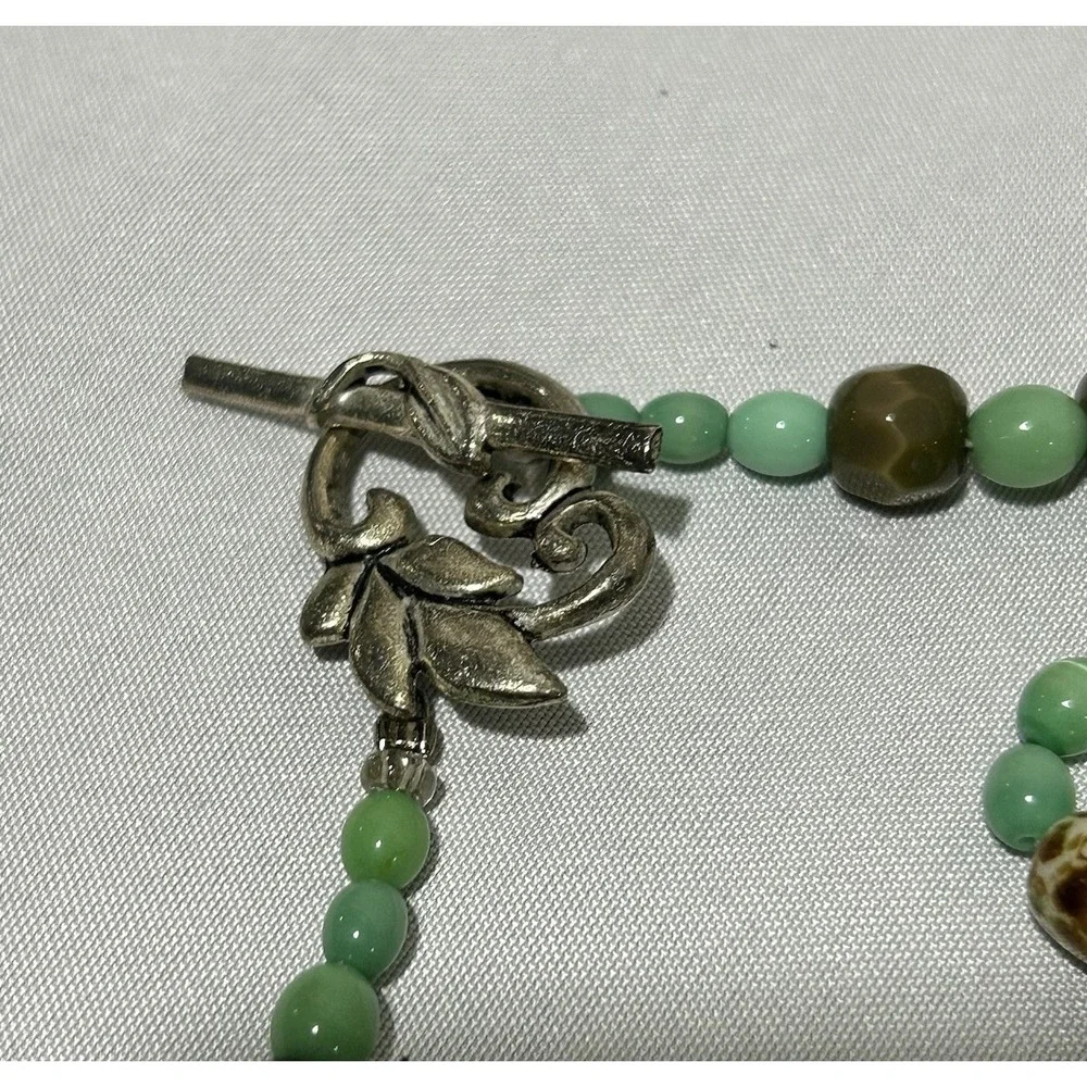 Green Beaded Necklace and Earrings Set with decorative Leaf‎ Toggle clasp